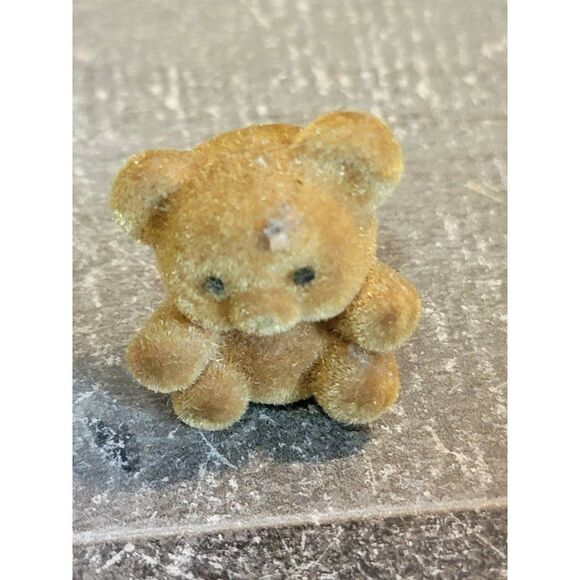 Flocked mini brown teddy bear toy figure - Picture 1 of 3